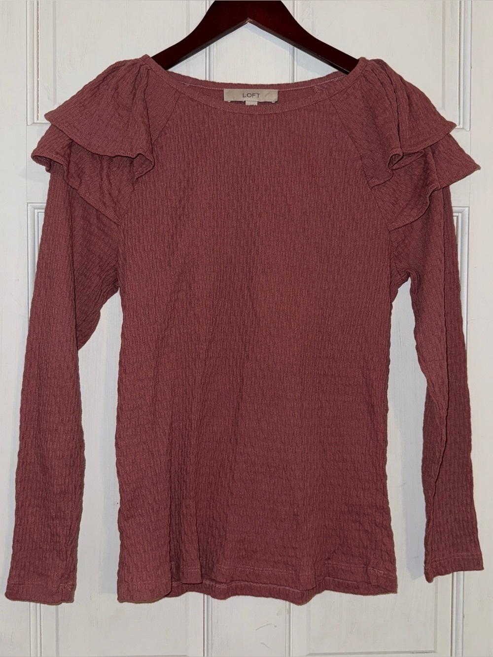 LOFT Women's Dark Pink Textured Stretch Knit Ruffle Long Sleeve Top Size L